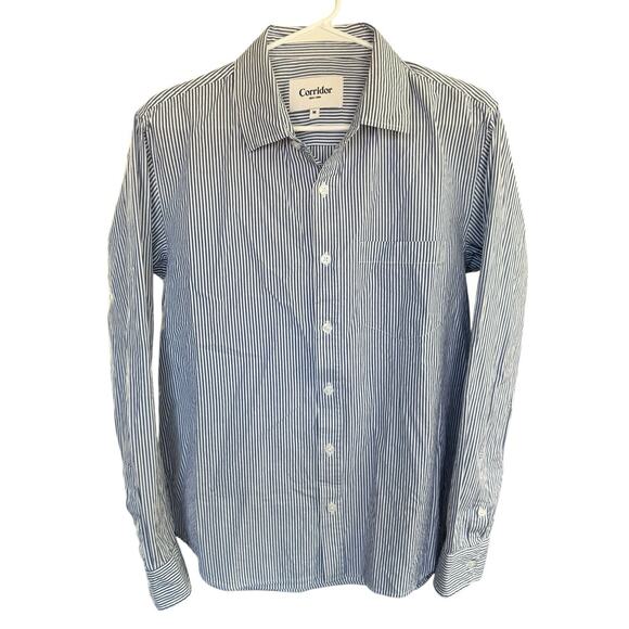 Corridor NYC Men's Shirt Button Up M Blue Striped L/S Cotton Career Preppy Prep - Picture 1 of 7